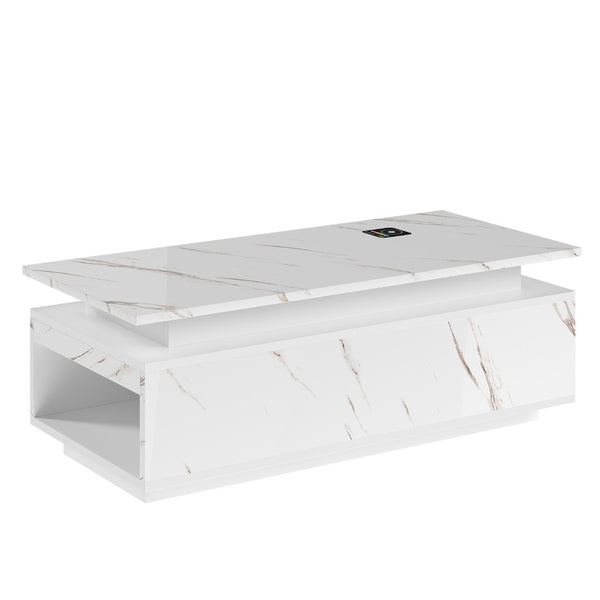 English Elm Coffee Table with Led Lighting Bluetooth Speaker Wireless Charging and Faux Marble Top White T3773P415726