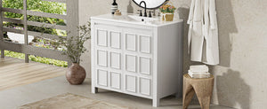 English Elm 36" Bathroom Vanity Organizer with Ceramic Sink, Solid Wood Distressed Finish, Hand-Painted Charm and Ample Storage Antique White N729P255666K