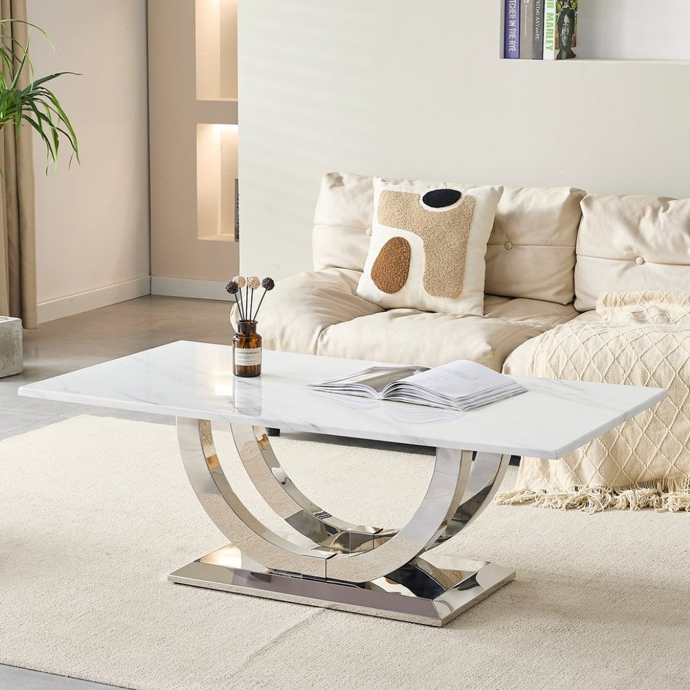English Elm 50.4 Inch Rectangular Coffee Table Marble Mdf Top Sculptural Steel Arc Base Modern W3357P395502