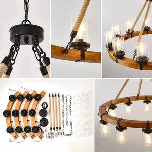 English Elm 12-light Wagon Wheel Chandelier Solid Wood Frame Seeded Glass Farmhouse Pendant W5008P390674