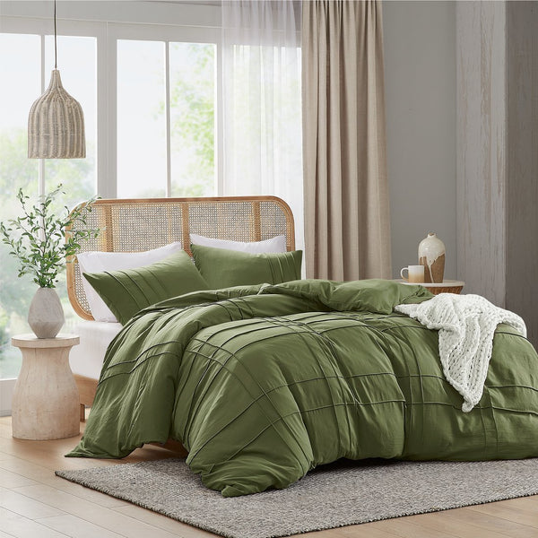 JLA Home Comfort Spaces - Soft Washed Pleated Duvet Cover Set with Grid Pinch-Pleat, OEKO-TEX Soft Microfiber, All-Season Comfort Olive Green AM12-0420