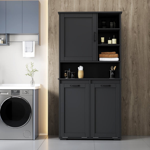 English Elm Laundry Cabinet Freestanding White Melamine with Tilt Out Hamper and Open Shelving W331S00202
