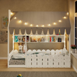 English Elm {slats Are Not Included} Twin Montessori House Floor Bed Kids Tent Lights Shelves Pinewood Frame White N708P407962K