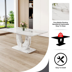 English Elm Table And Chair Set - Modern Marble Pattern Mdf Dining Set With 6 White Pu Chairs For Elegance W1151S02182-GIGA