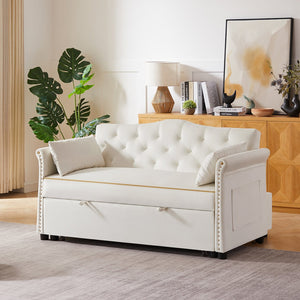 English Elm Beige Velvet Sleeper Sofa Bed with Foam Seating, Solid Wood Frame, Compact 51.6" L Convertible Couch W588P246467