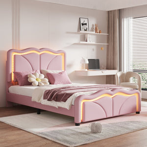 English Elm Twin Upholstered Platform Bed with Curved Headboard, Adjustable Heights, Sturdy Pine Frame, LED Accent Lights Pink WF323748AAH