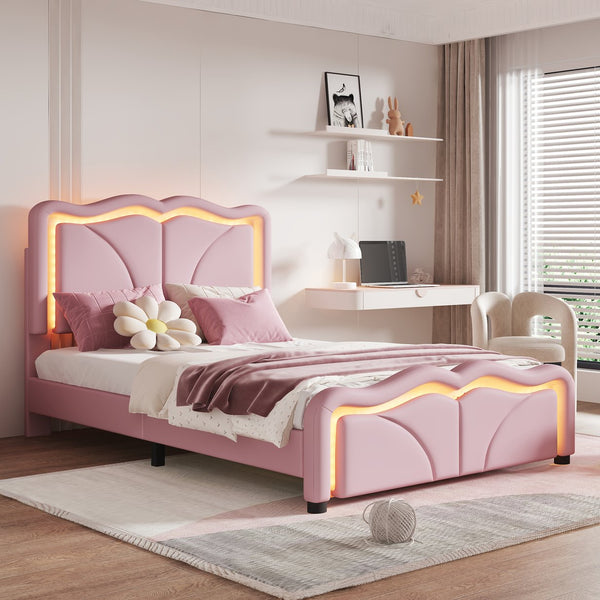 English Elm Twin Upholstered Platform Bed with Curved Headboard, Adjustable Heights, Sturdy Pine Frame, LED Accent Lights Pink WF323748AAH