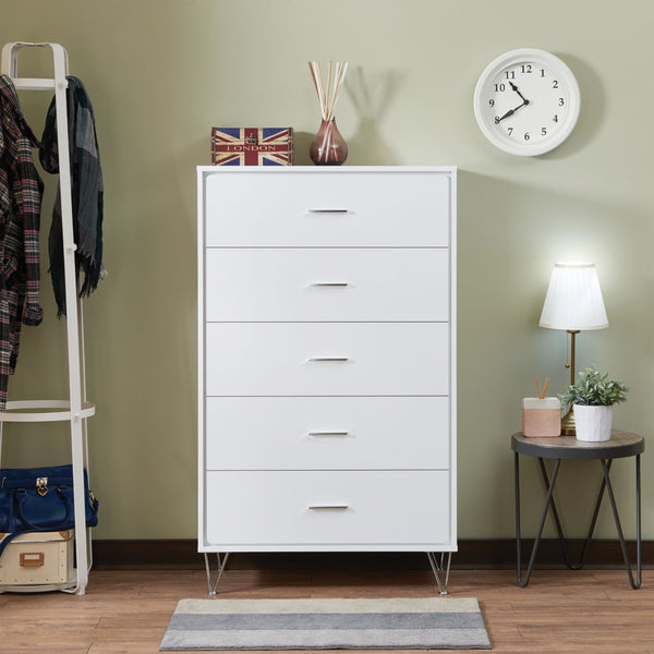 English Elm White 5-Drawer Chest For Modern Storage | Crisp Finish, Polished Chrome Legs & Effortless Access B062P209028-GIGA