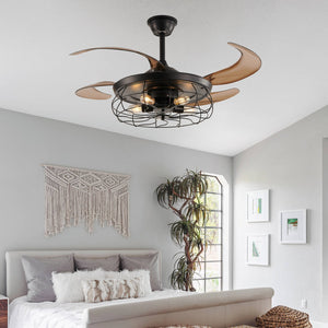 English Elm 48" Industrial Black Ceiling Fan Light with 4-Blade Cage, Remote, Silent DC Motor, Reversible Speed W2312P374994