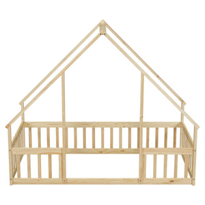English Elm Twin Wood House-Shaped Floor Bed with Fence and Guardrails – Playful Pine Frame for Imaginative Kids Retreat Natural W504P143291