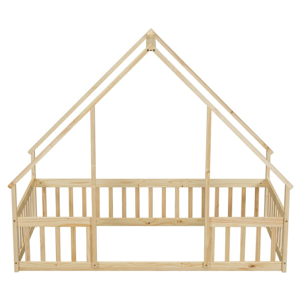 English Elm Twin Wood House-Shaped Floor Bed with Fence and Guardrails – Playful Pine Frame for Imaginative Kids Retreat Natural W504P143291