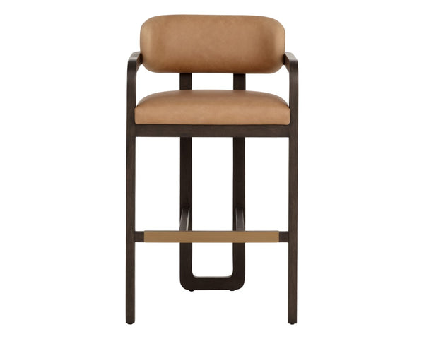 Sunpan MADRONE Barstool - Elegant Brown Oak Frame with Luxurious Ludlow Sesame Leather for Modern Spaces 112680