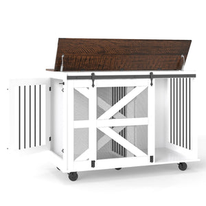 English Elm 47.2" Double Dog Crate Farmhouse Console with Rolling Casters and Barn Doors W2557P330269