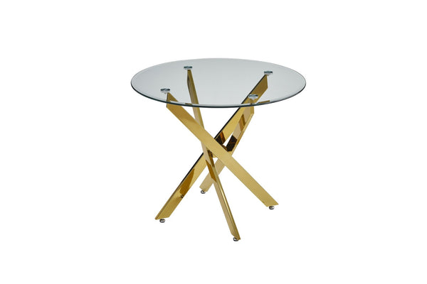 English Elm Modern Round Tempered Glass Dining Table with Glam Gold Iron Base for Compact Spaces Golden W3590S00009