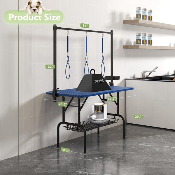 English Elm 47'' Foldable Dog Grooming Table X-lift Adjustable Height Station with Arm Noose Organizer Blue W3587P358743