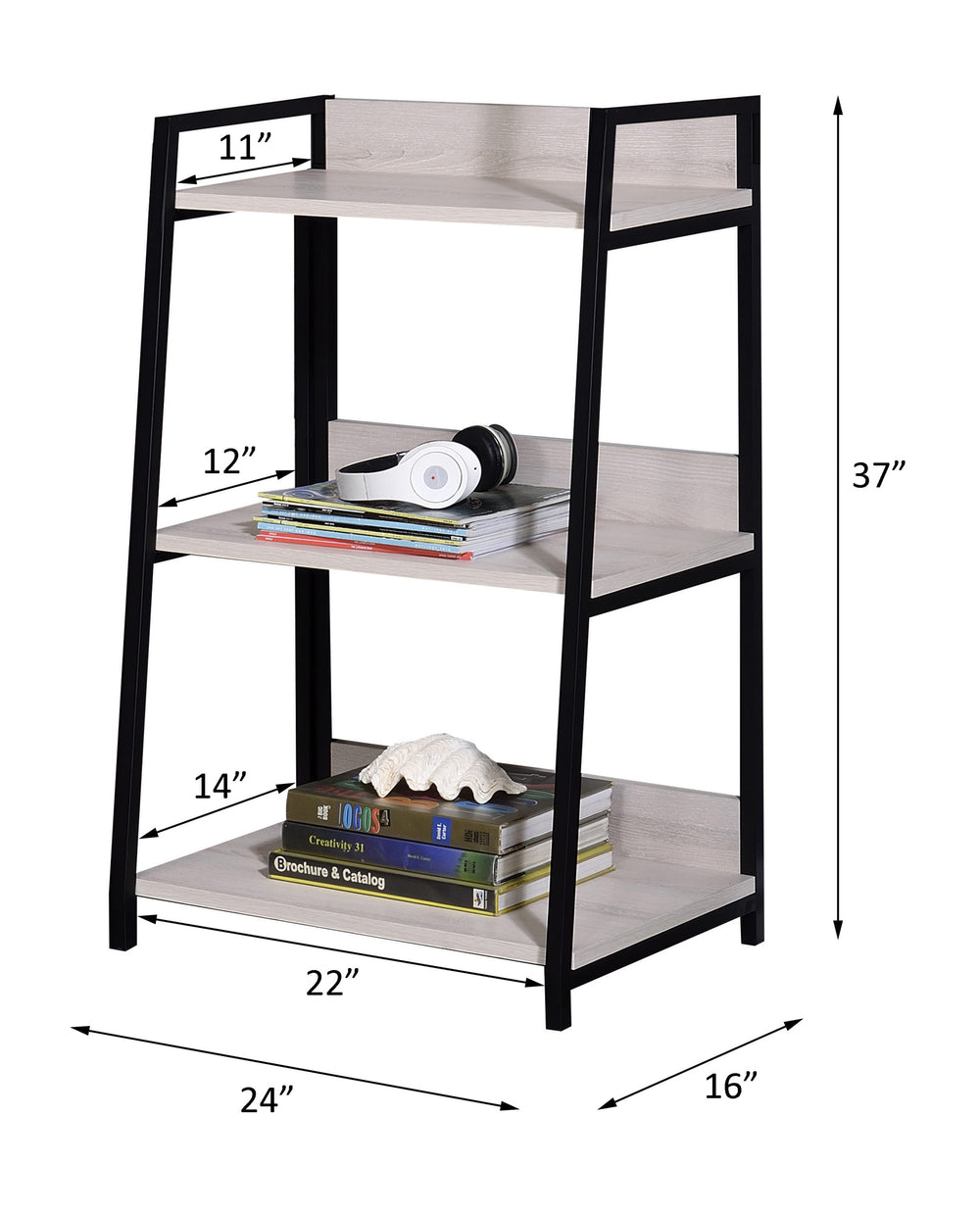 English Elm Wendral Leaning Ladder Bookshelf in Natural Wood & Black Metal Frame — 3 Open Shelves, 22" Deep B2726P285842