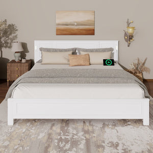 English Elm King Pine Wood Platform Bed with Led Lighting Usb Charging Tall Panel Headboard White W504S00274
