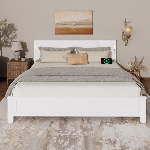 English Elm King Pine Wood Platform Bed with Led Lighting Usb Charging Tall Panel Headboard White W504S00274