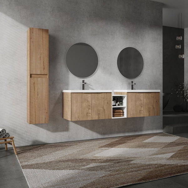 English Elm 72" Modern Wall-Mounted Bathroom Vanity Set With Soft-Close Doors, Resin Sinks & Extra Storage Space W999S00232