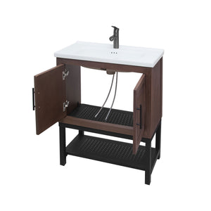 English Elm 24" Bathroom Vanity with Smooth White Ceramic Sink, Durable Metal Hinges, Adjustable Feet, Sleek Faucet & Open Iron Shelf Walnut W688P224404