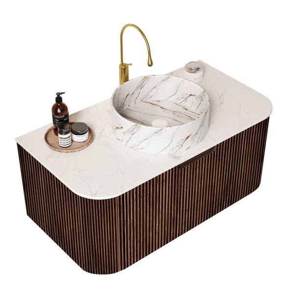 English Elm Dina 36" Elegant Wall-Mounted Bathroom Vanity With Unique Stone Pattern Basin & Dark Walnut Storage W2615S00496