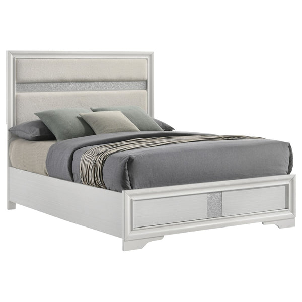 English Elm Annie Glam Queen Bed Glittering Stripe Upholstered Headboard Padded White Panel Frame B062S01599