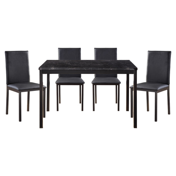 English Elm Metal 5pc Dining Set Tempe Faux Marble Top Black Metal Base with 4 Black Faux Leather Side Chairs B011S01544