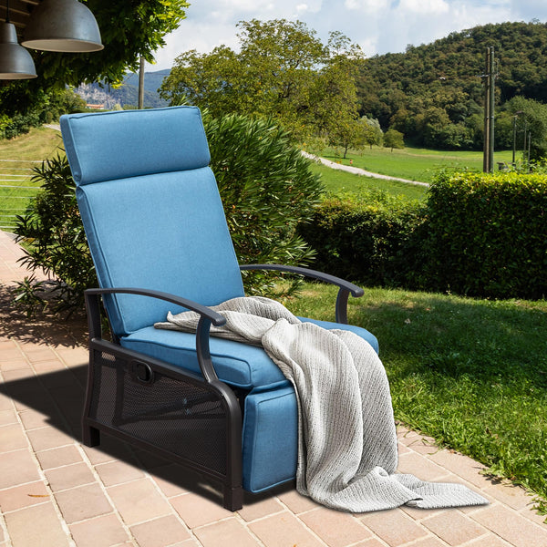 English Elm Adjustable Patio Recliner Chair with Flip Side Table, Ergonomic Cushions, Heavy-Duty Steel, 350lb Support Blue W1859P196390