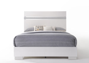 English Elm Naima Sleek High Gloss Queen Bed with Sparkling Acrylic Headboard, Chrome Block Legs, Modern Design White 84 L x 10 W x 3 H B2726S00216