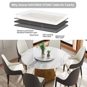 English Elm 53" Round Marble Dining Table with Sintered Stone Top and Iron Pedestal Base, Seating for 6, 400 lb Capacity White W1535S00577