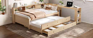 English Elm Twin Daybed Pine Frame with Trundle Desk Hutch Shelves and Storage for Kids Rooms Golden W1580S00460