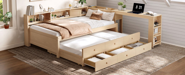 English Elm Twin Daybed Pine Frame with Trundle Desk Hutch Shelves and Storage for Kids Rooms Golden W1580S00460
