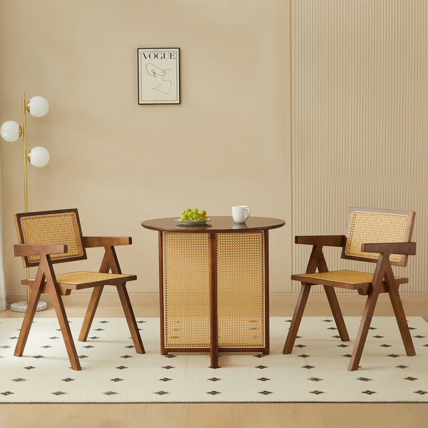 English Elm 2 Walnut Dining Chairs With Rattan Weaving – Ergonomic Solid Wood Armrests For Stylish Comfort W2720P237606