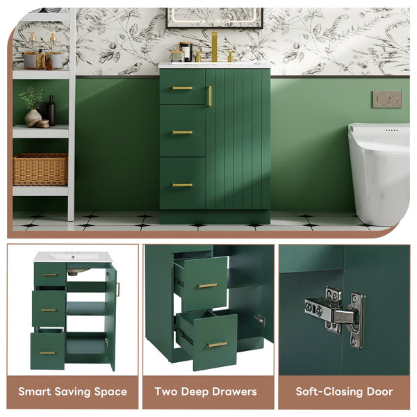 English Elm 24" Modern Bathroom Vanity with Under-Mount Sink, Vertical Stripe Design, 2 Drawers & Soft-Close Cabinet Green N710P288936F