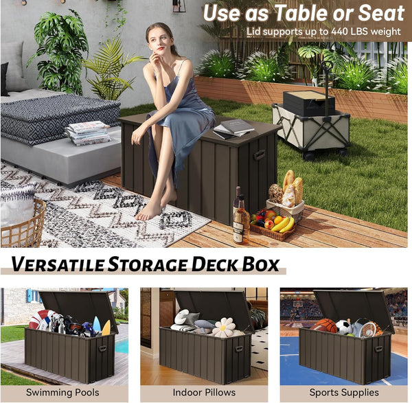 English Elm 190 Gallon Metal Deck Box Waterproof Steel Outdoor StorageBench with Lock, Wheels, Hydraulic Pistons Dark Brown W1859P404346