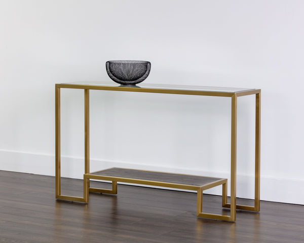 Sunpan CARVER Console Table - Elegant Mid-Century Modern Design with Glass Top & Gold Frame for Stylish Spaces 103756