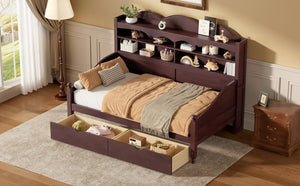 English Elm Twin Daybed Retro Wood Frame with Under Bed Drawers and Headboard Shelving Espresso N733S415358P