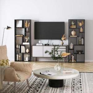 English Elm Asymmetrical Five Tier Geometric Bookcase Matte Sculptural Open Display Shelf Black B372P431344