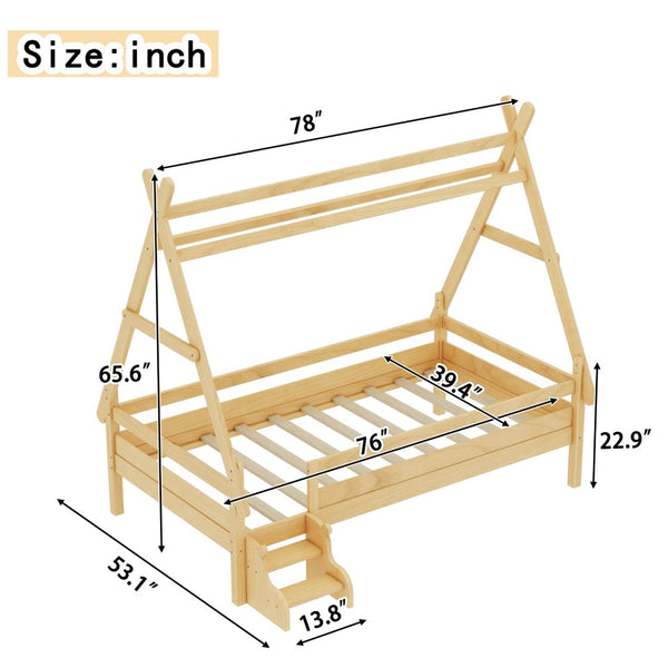 English Elm Twin House Shaped Platform Bed Solid Pine Frame with Built in Stairs for Kids W1580P354719