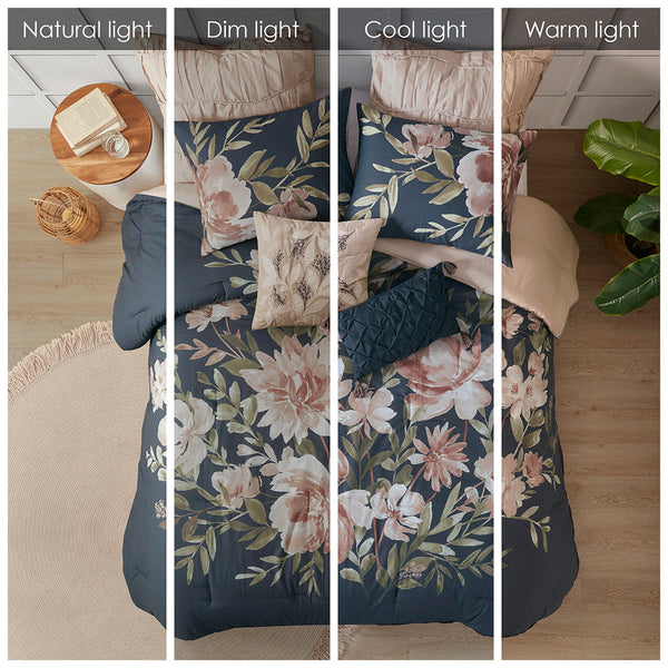 JLA Home Madison Park - 8 Madison Park Camillia comforter set - OEKO-TEX cotton floral navy & blush, textured hotel-worthy ensemble 92 L x 104 W x 1.5H MP10-7296