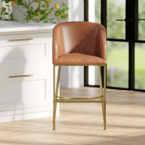 English Elm 31" Barrel Back Barstool Faux Leather Foam Padded Seat Gold Steel Frame for Home Bar Brown Pu B2751P436477