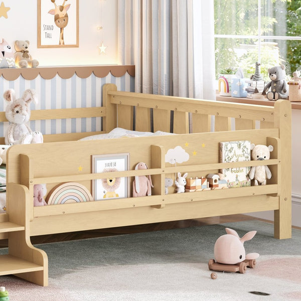 English Elm Queen Bunk Bed with Trundle Solid Pine Kids Car Themed Frame Built-in Bookshelf Light Natural W1580S00538