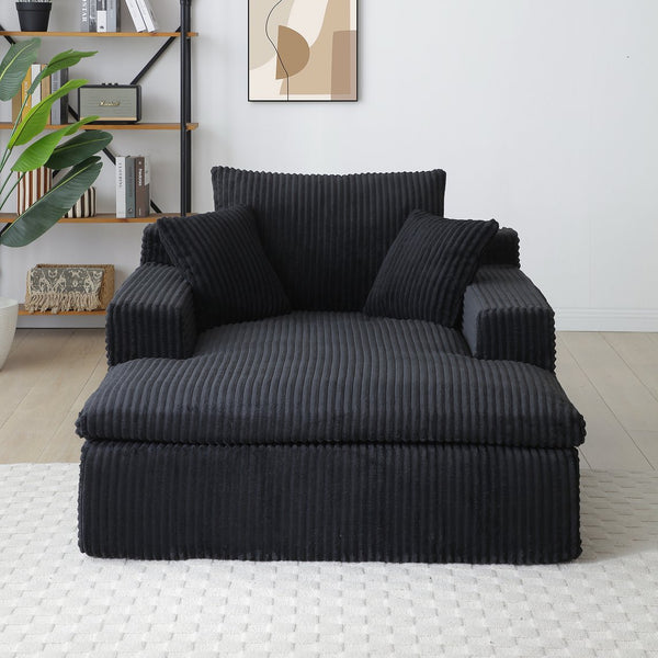 English Elm 64''x46'' Chaise Lounge Chair Oversized Corduroy Faux Fur Cloud Sofa Bed with Ergonomic Pillows & Support Black W1117P283607