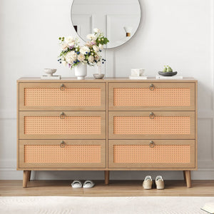 English Elm Rattan 6-Drawer Double Dresser with Handwoven PE Rattan Fronts, Wood Top, Copper Pulls, Spacious Storage Vintage T3623P411339