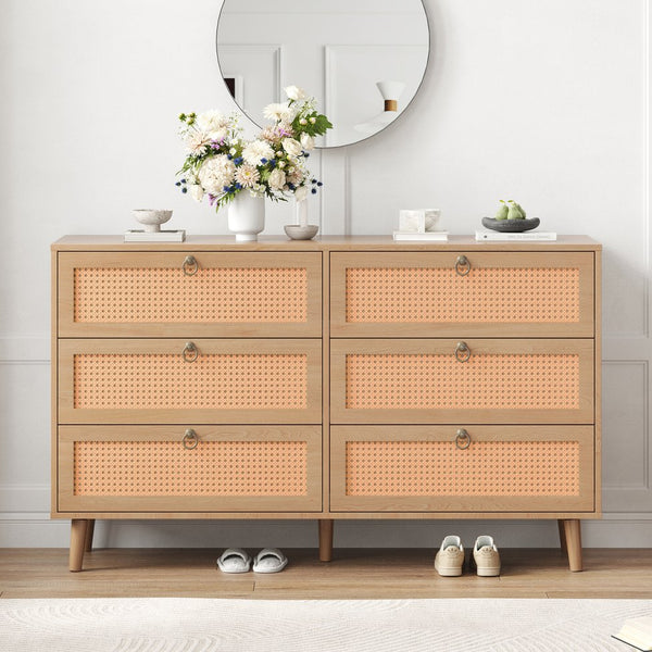 English Elm Rattan 6-Drawer Double Dresser with Handwoven PE Rattan Fronts, Wood Top, Copper Pulls, Spacious Storage Vintage T3623P411339
