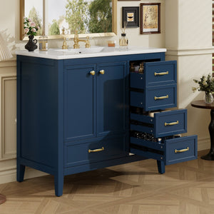 English Elm 36" Solid Pine Bathroom Vanity with Ceramic Sink 4 Soft Close Drawers Vintage Style Blue N759S293646C