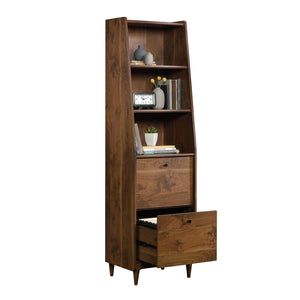 English Elm Narrow Mid-Century Bookcase in Brown – Tall Engineered Wood Shelf with Two Full-Extension File Drawers, Space-Saving 70.4" Height for Home Office and Living Room B356P402740