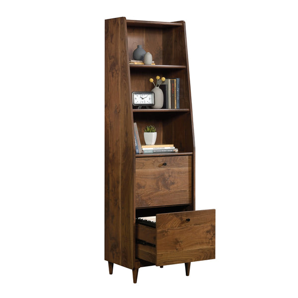 English Elm Narrow Mid-Century Bookcase in Brown – Tall Engineered Wood Shelf with Two Full-Extension File Drawers, Space-Saving 70.4" Height for Home Office and Living Room B356P402740