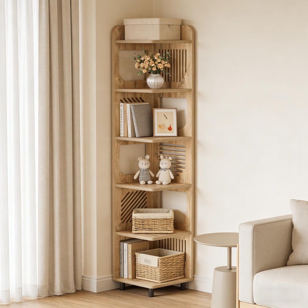 English Elm Stylish Five Tier Corner Bookshelf with Wood Grain Finish and Powder Coated Metal Legs T3971P488591