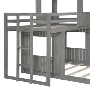 English Elm Wooden Twin Over Full Bunk Bed Farmhouse Playhouse Design with Ladder Guardrails LT000327AAE-1